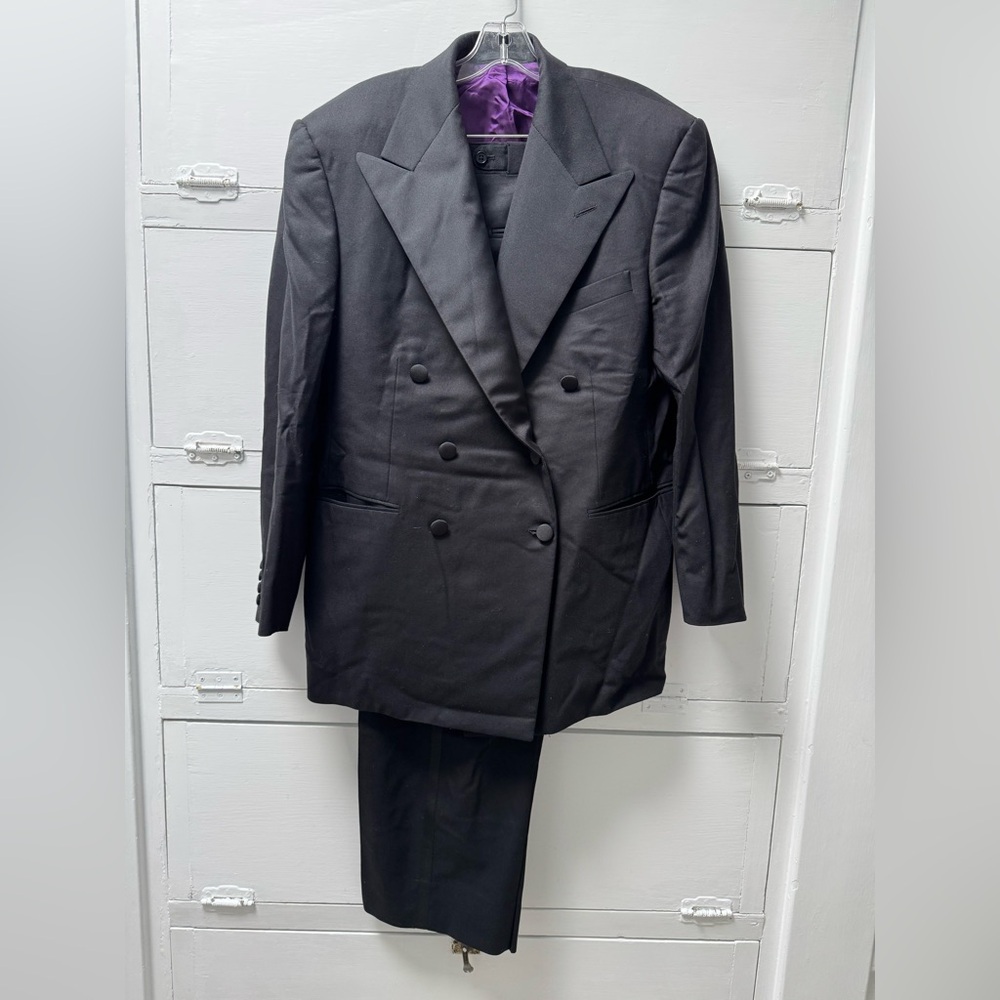 Ralph Lauren, men’s purple label double breasted tuxedo jacket and pants.